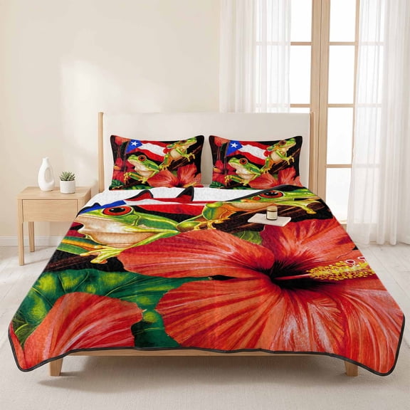 3 Pieces Full Quilt Set,Country Red Flowers Frog Soft Bedding Sets with 1 Quilt & 2 Pillow Shams,Puerto Rico Flag Summer Bedspread Lightweight Coverlet Comforter for All Season