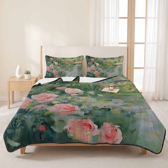3 Pieces Full Quilt Set,Country Rose Rustic River Soft Bedding Sets with 1 Quilt & 2 Pillow Shams,Abstract Impressionist Art Summer Bedspread Lightweight Coverlet Comforter for All Season