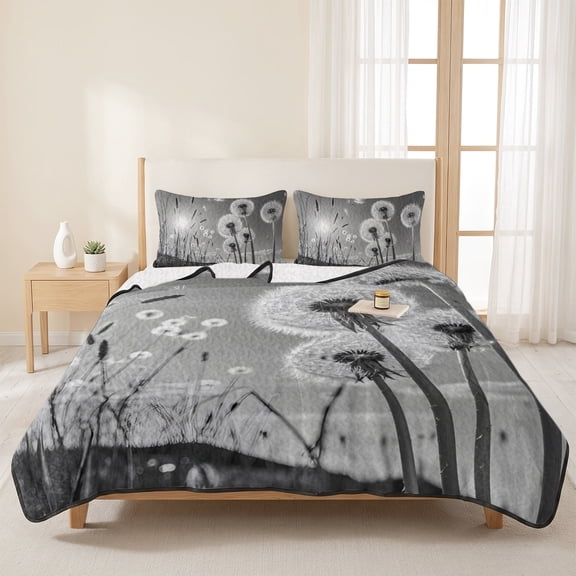 3 Pieces Full Quilt Set,Farmhouse Grey Field Dandelion Rural Plant Soft Bedding Sets with 1 Quilt & 2 Pillow Shams,Idyllic Botanical Summer Bedspread Lightweight Coverlet Comforter for All Season