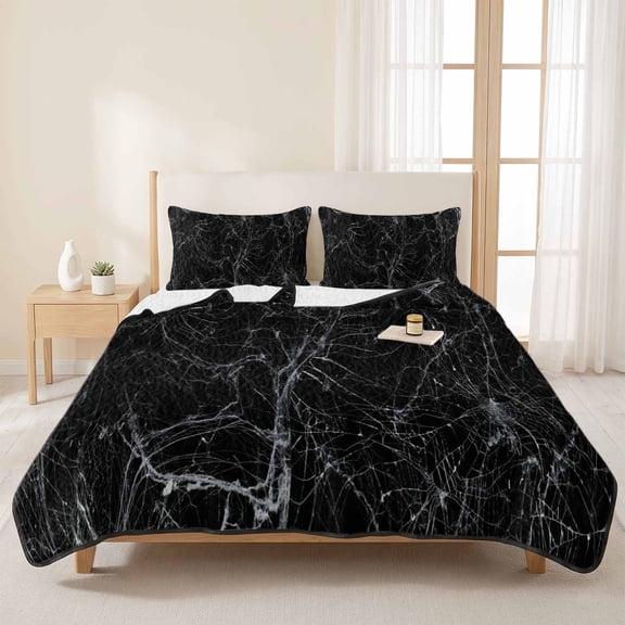 3 Pieces Full Quilt Set,Halloween Abstract SpiderWeb Soft Bedding Sets with 1 Quilt & 2 Pillow Shams,Back and White Summer Bedspread Lightweight Coverlet Comforter for All Season