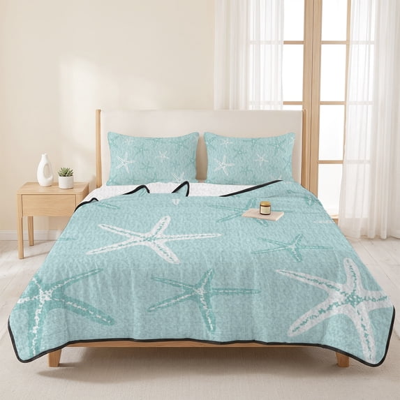 3 Pieces Full Quilt Set,Minimalist Teal Starfish Coastal Soft Bedding Sets with 1 Quilt & 2 Pillow Shams,Summer Beach Starfishs Summer Bedspread Lightweight Coverlet Comforter for All Season