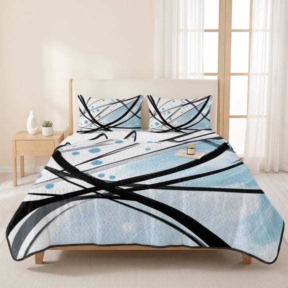 3 Pieces Full Quilt Set,Modern Abstract Graffiti Art Soft Bedding Sets with 1 Quilt & 2 Pillow Shams,Black Stripe Blue Color Dot Summer Bedspread Lightweight Coverlet Comforter for All Season
