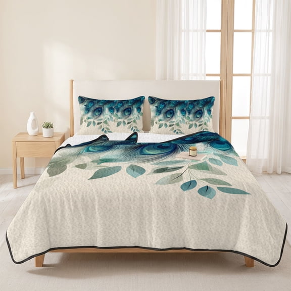 3 Pieces Full Quilt Set,Tropical Peacock Feathers Soft Bedding Sets with 1 Quilt & 2 Pillow Shams,Classic Gradient Teal Pattern Summer Bedspread Lightweight Coverlet Comforter for All Season