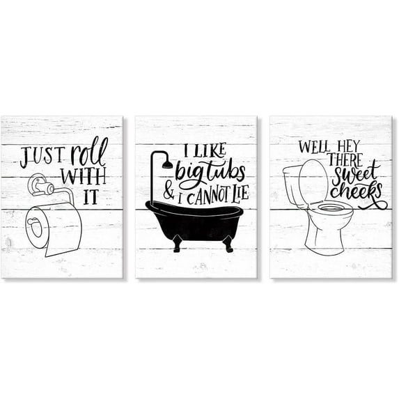 3 Pieces Funny Bathroom Canvas Wall Art Bathroom Quotes on Retro Wood Style Artwork Black and White Toilet Bathtub Bath Set Poster Print for Restroom Farmhouse Bath Bathroom Decor