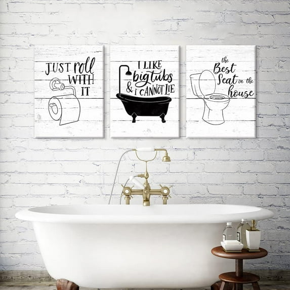 3 Pieces Funny Bathroom Canvas Wall Art Bathroom Quotes on Retro Wood Style Artwork Black and White Toilet Bathtub Bath Set Poster Print for Restroom Farmhouse Bath Bathroom Decor