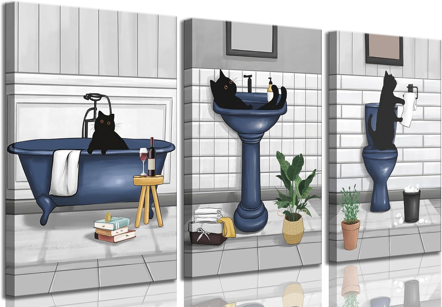 3 Pieces Funny Blue Bathroom Cat Canvas Wall Art Cute Black Cat On ...