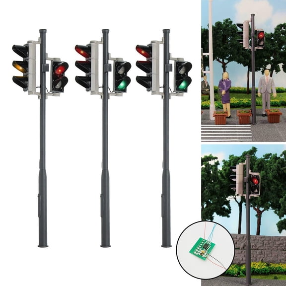 3 Pieces G Scale Traffic Lights with Pedestrian Signals and LEDs, 1:25, for Model Railroads & Building Layouts, 3V DC, Red/Green/Yellow
