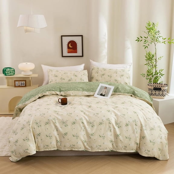3 Pieces Garden Floral Duvet Cover Green Botanical Full Bedding Set with Yellow Blue Flowers Print Pattern Soft Microfiber Comforter Cover Set