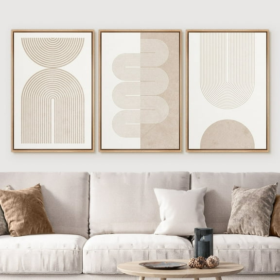 3 Pieces Geometric Beige Spiral Wave Wall Art Canvas Prints Abstract Poster Painting Pictures for Livingroom Home Decor with Wooden Inner Frame
