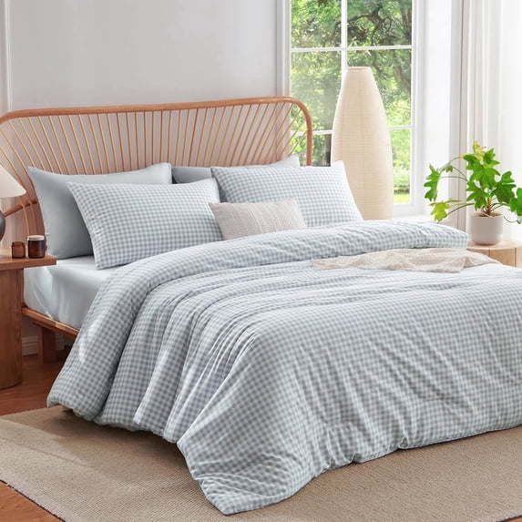 3 Pieces Gingham Comforter Set Modern Style Blue Plaid Full Comforter Set 100% Washed Microfiber Boho Comforter Farmhouse Gingham Plaid Bedding Set