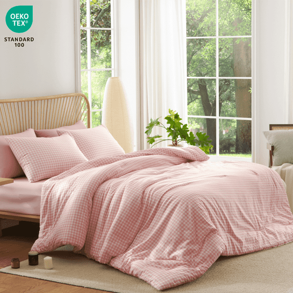 3 Pieces Gingham Comforter Set Modern Style Pink Plaid Queen Comforter Set 100% Washed Microfiber Boho Comforter Farmhouse Gingham Plaid Bedding Set