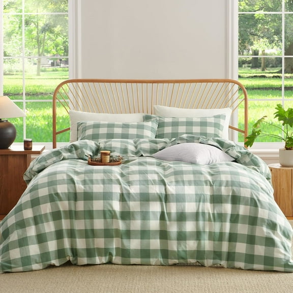3 Pieces Gingham Plaid Duvet Cover 100% Washed Cotton Checkered Bedding Set Modern Green Buffalo Grid Comforter Cover with Zipper Closure Corner Ties,King Size