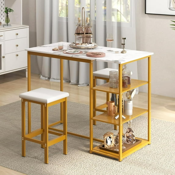3 Pieces Gold Bar Table Set, Modern Kitchen Counter Height Table with Faux Marble Top & 3-Tier Storage Shelves, Space Saving Breakfast Table with 2 Stools for Small Space, Dining Room
