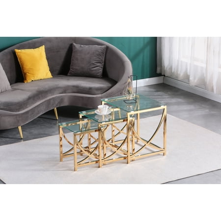 3 Pieces Gold Square Nesting Glass End Tables- Small Coffee Table Set- Stainless Steel Small Coffee Tables with Clear Tempered Glass- 18" Modern Minimalist Side Table for Living Room (Curve)