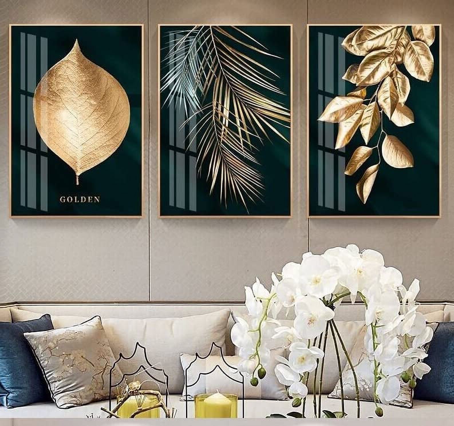 3 Pieces Golden Leaves Wall Art Canvas Print Abstract Plant Posters