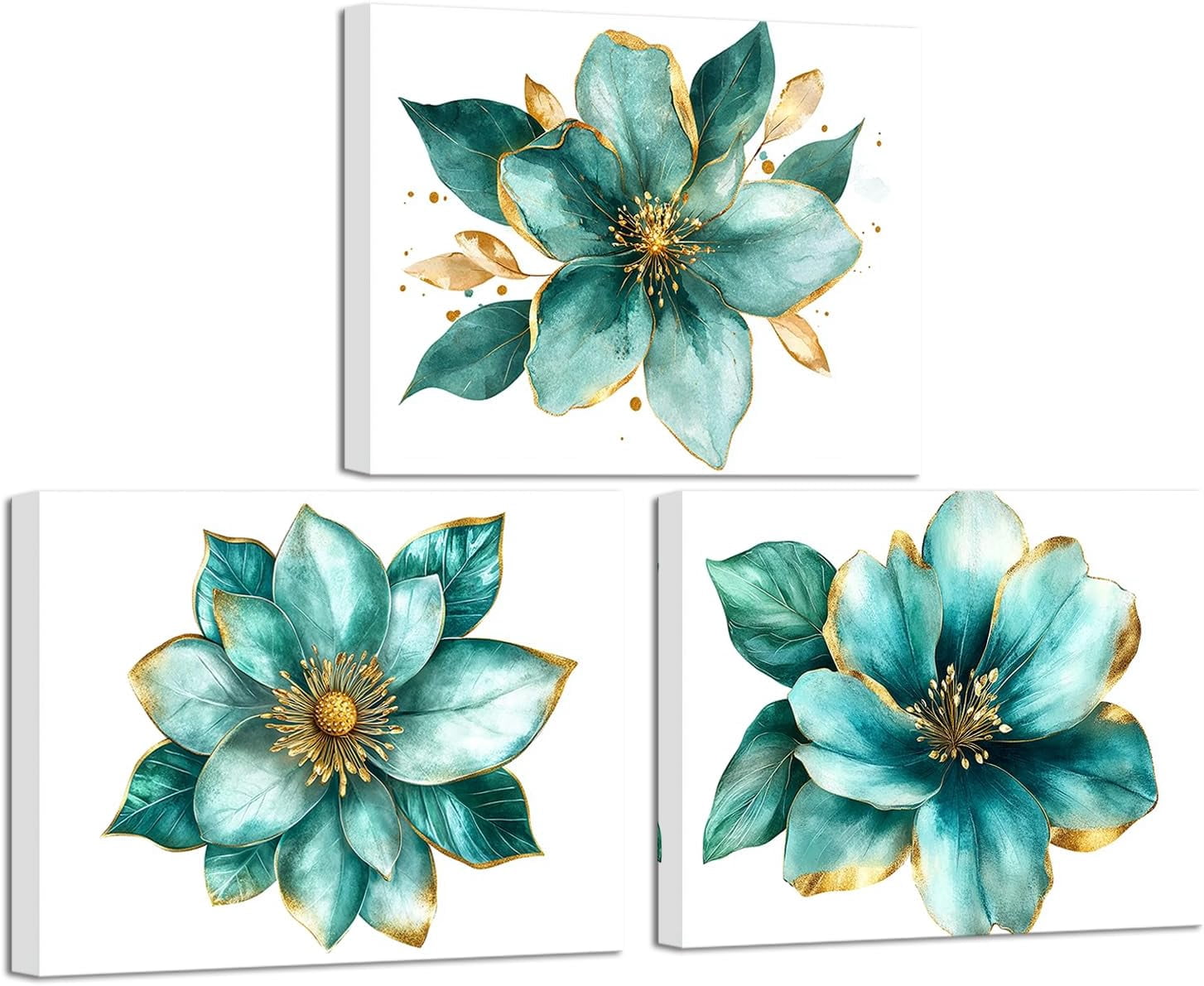3 Pieces Goldfoilart Teal Flower Wall Art Floral Wall Decor Pictures ...