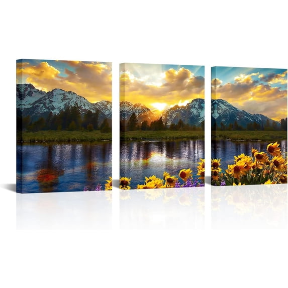 3 Pieces Grand Teton Canvas Wall Art Sunflower National Park River Scene Picture Artwork Sunrise Mountain Landscape Print Painting for Living Room Bedroom Kitchen Home 12x16inchx3pcs