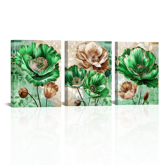 3 Pieces Green and Brown Wall Decor Turquoise Flower Canvas Art Painting Modern Abstract Floral Picture Artwork Bathroom Decor 12x16inchx3panels(Framed)