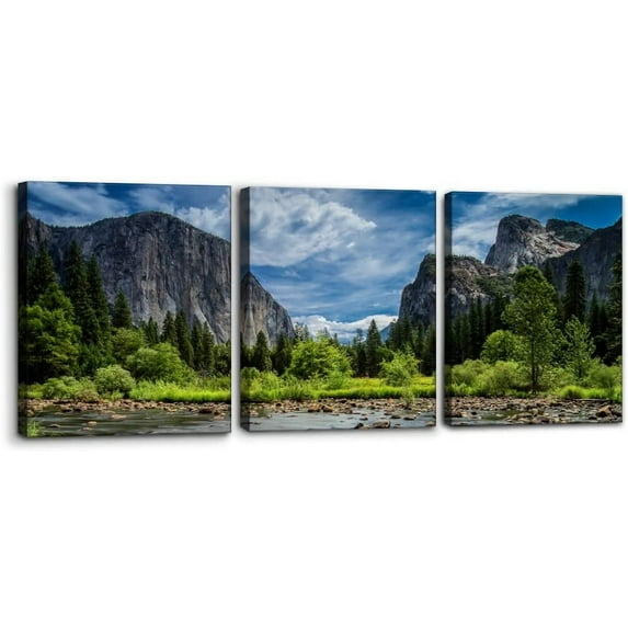 3 Pieces Green Wall Art Painting Yosemite National Park Clear Water Lake Mountain Trees Rocks Pictures Prints On Canvas Landscape Wall Decor for Home Modern Decoration Print - 12"x16"x3 Panel
