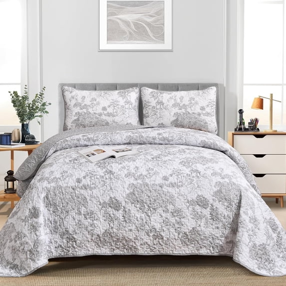 3 Pieces Grey Botanical Bedspread Full Size Grey Toile Plants Pattern Quilt Set for All Seasons