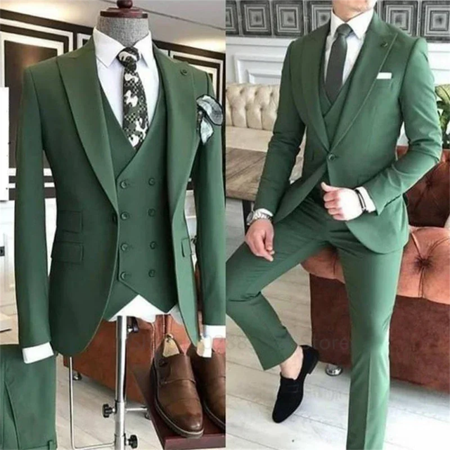 3 Pieces Groom Wear Green Men Suits Slim Fit Peak Lapel One Button