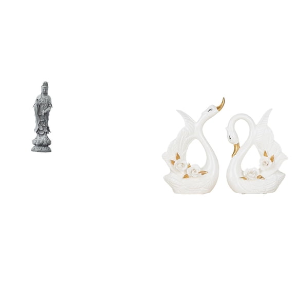 3 Pieces Guan Yin Statue Swan Figurine Ceramic Artwork Elegant Design Home Cabinet Bookshelf Decor