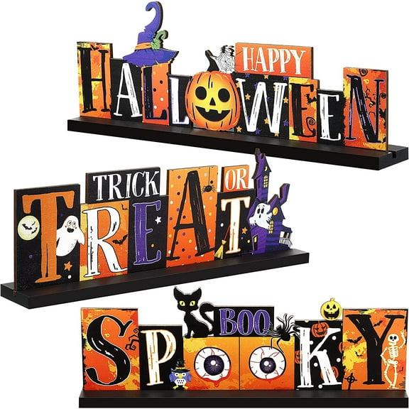 3 Pieces Halloween Table Decorations - Pumpkin Centerpiece, Boo Spooky Wood Sign, Trick or Treat Witch Hat Decor for Party, Living Room, Kitchen, Office, Bar