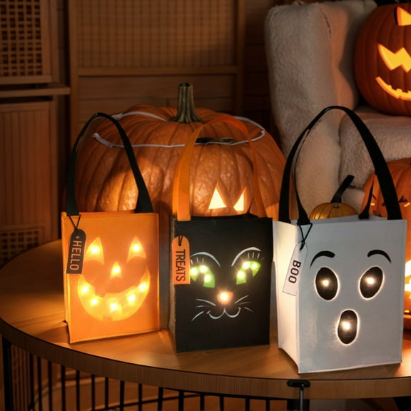 3 Pieces Halloween Trick or Treat Bucket for Kids Light Up Pumpkin Candy Bag LED Halloween Treat Basket Reusable Gift Tote Bag for Party Gift Supplies (Color)