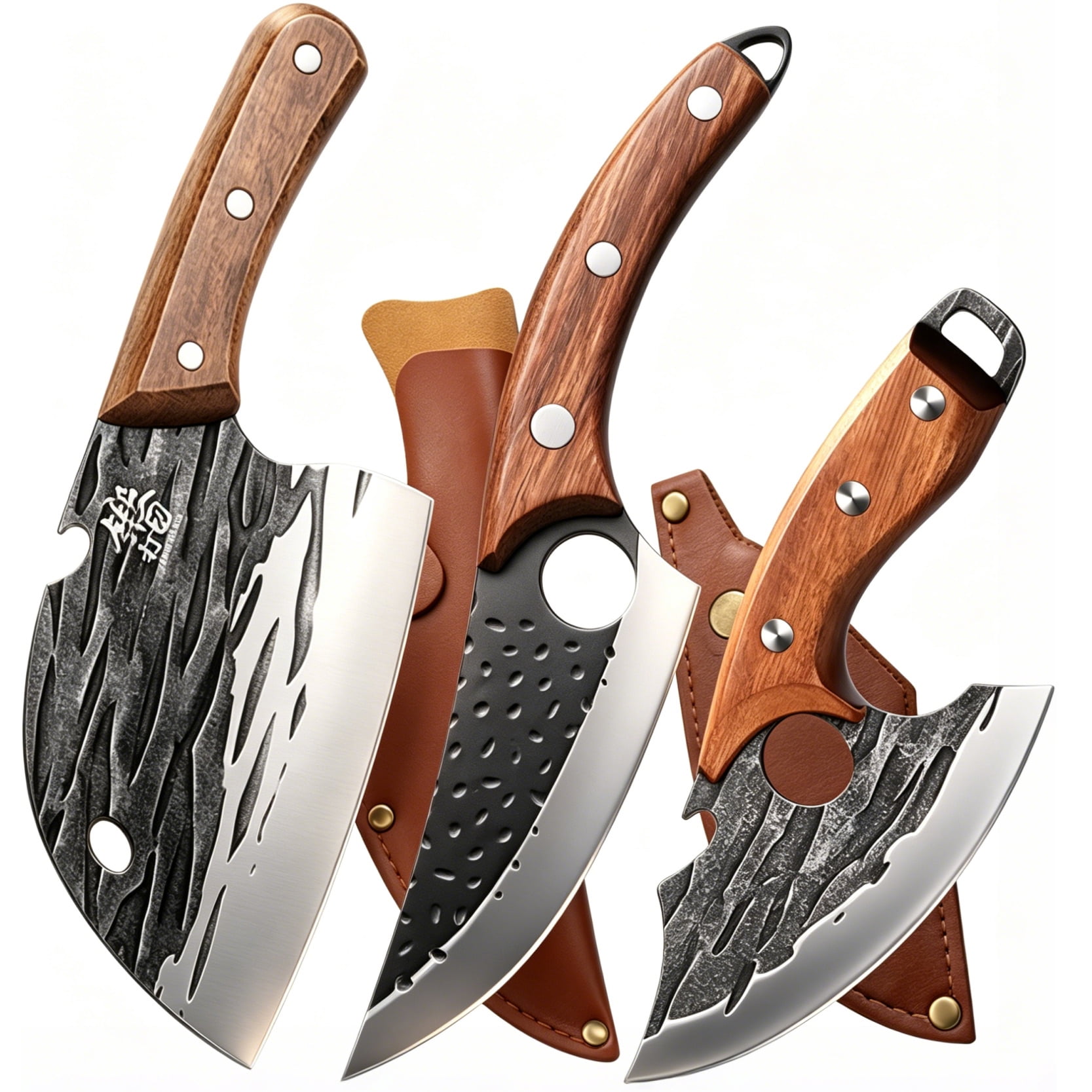 3 Pieces Hand Forged Kitchen Knife Set, High Carbon Steel Cleaver Knives with Solid Wood Handle, Multi-Purpose Chopping Cutting Tools for Home Kitchen Cooking