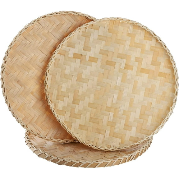 3 Pieces Handmade Bamboo Woven Basket Tray, 13 Inch Round Flat Wicker Baskets, Shallow Food Storage Serving Trays Decorative Wall Hanging Baskets for Breakfast, Fruit, Snacks (Beige)