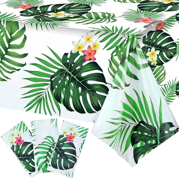 3 Pieces Hawaiian Luau Party Tablecloth Palm Leaves Table Cloth 54 x 108 Inches Plastic Disposable Table Decorations for Summer Pool Beach Cocktail Aloha Safari Jungle Party Supplies