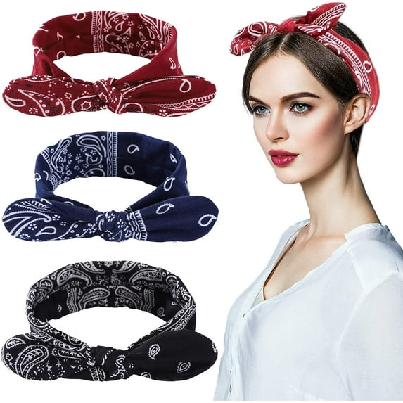 3 Pieces Head Scarf for Women,Retro Headbands,1940s Head Scarf Bandana Rosie The Riveter Headband Bow Headbands Vintage Boho Bow Pattern,eadband Headwrap for Girls and Women (3 PCS)