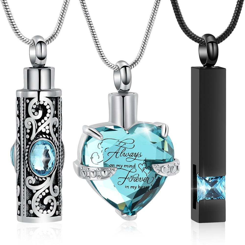 3 Pieces Heart & Cylinder Ashes Urn Necklace Crystal Cremation Necklace