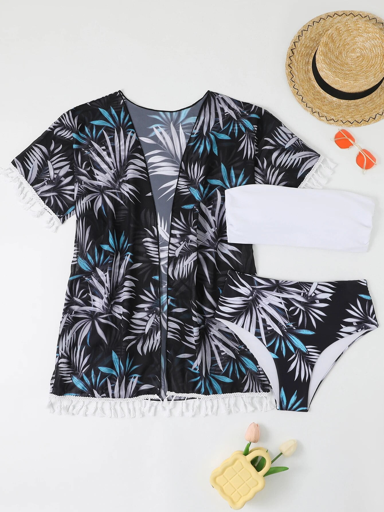 3 Pieces High Waist Bikini 2024 Bandeau Swimsuit Women & Ruffle Kimono ...
