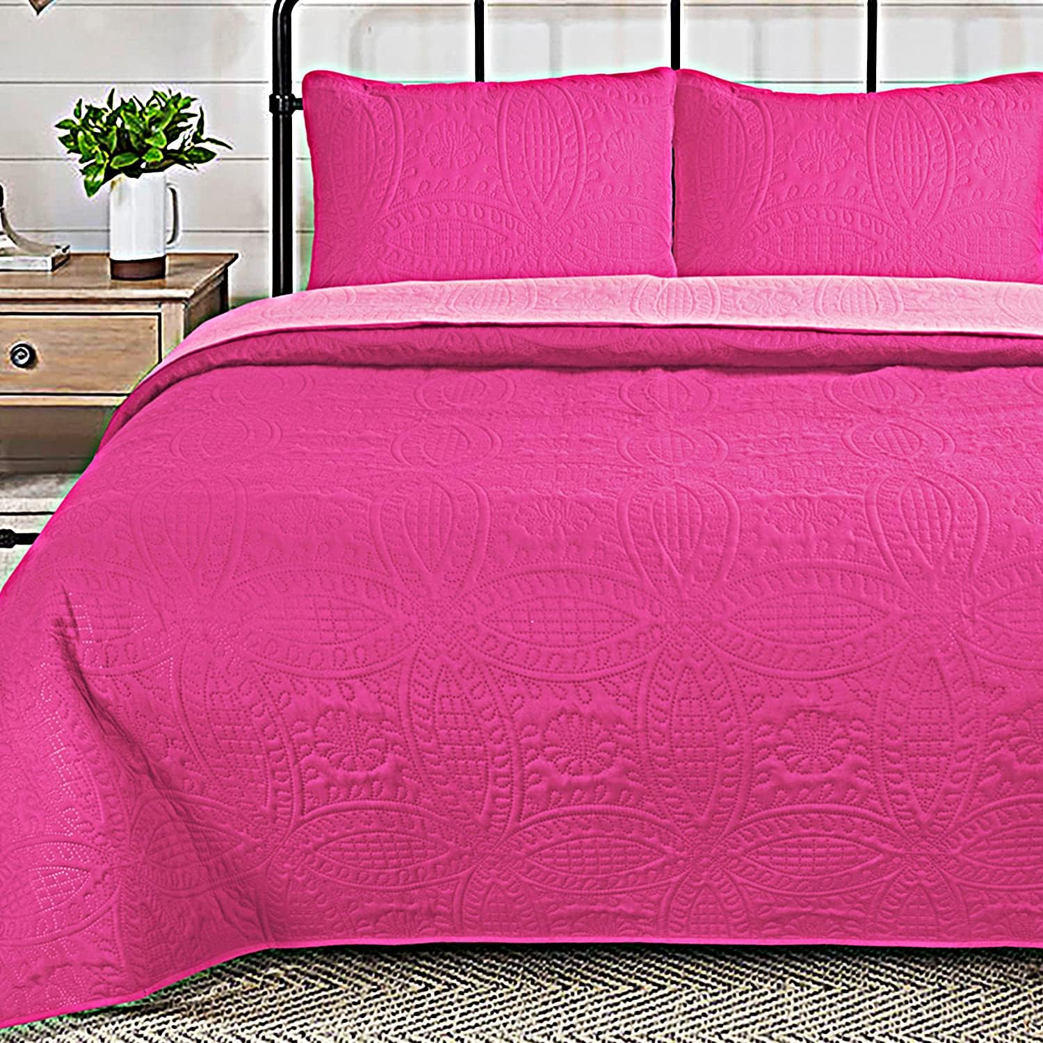 3 Pieces Hot Pink Quilt Set King, Oversized & Light Weight Ultrasonic