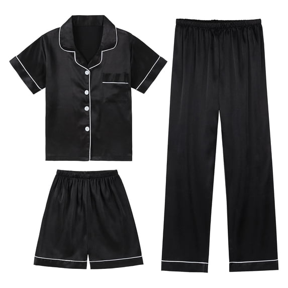 3 Pieces Kids Silk Pjs Set Short Sleeve Button Down Sleepwear Soft Girl Pajamas Size 8-9 Years
