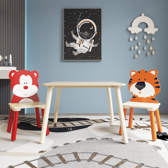 3 Pieces Kids Table and Chair Set, Kids Wood Table with 2 Chairs Set Cartoon Animals (Bear&Tiger) 91668