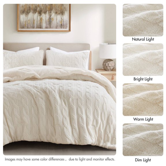 3 Pieces King/Cal King Cable Knit Chenille Comforter Set,Ivory