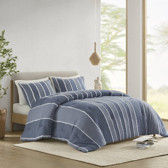 3 Pieces King/Cal King Striped Cotton Comforter Set,Blue