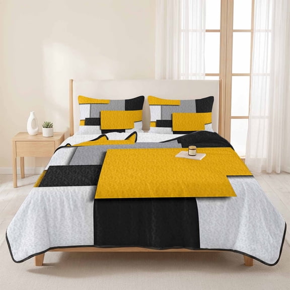 3 Pieces King Quilt Set,Abstract Geometric Retro Patchwork Soft Bedding Sets with 1 Quilt & 2 Pillow Shams,Yellow Grey Black Summer Bedspread Lightweight Coverlet Comforter for All Season