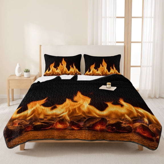 3 Pieces King Quilt Set,Abstract Orange Flame on Black Soft Bedding Sets with 1 Quilt & 2 Pillow Shams,Flickering Fire Pattern Summer Bedspread Lightweight Coverlet Comforter for All Season