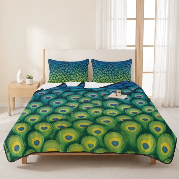 3 Pieces King Quilt Set,Abstract Peacock Texture Soft Bedding Sets with 1 Quilt & 2 Pillow Shams,Green Blue Yellow Summer Bedspread Lightweight Coverlet Comforter for All Season