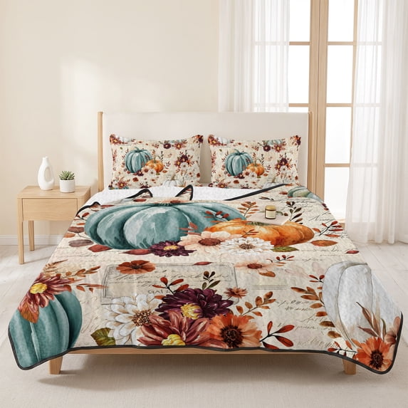 3 Pieces King Quilt Set,Autumn Harvest Pumpkin Thanksgiving Soft ...