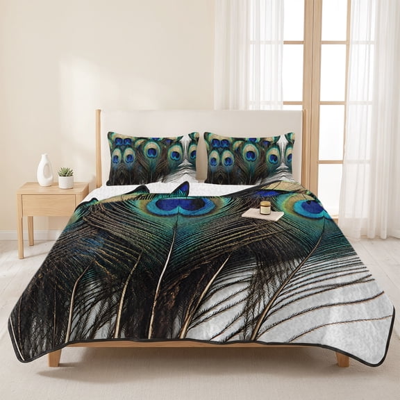 3 Pieces King Quilt Set,Beautiful Peacock Feathers Soft Bedding Sets with 1 Quilt & 2 Pillow Shams,Blue Colorful Art Summer Bedspread Lightweight Coverlet Comforter for All Season