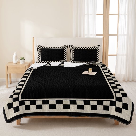3 Pieces King Quilt Set,Black Checkered Border Soft Bedding Sets with 1 Quilt & 2 Pillow Shams,Retro Minimalist Style Summer Bedspread Lightweight Coverlet Comforter for All Season