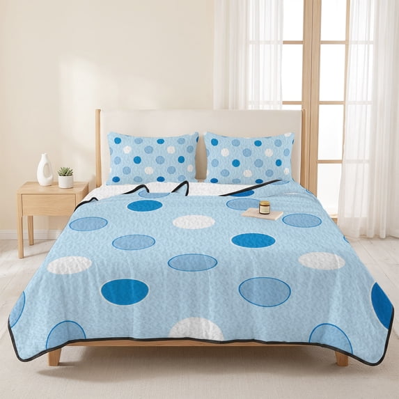 3 Pieces King Quilt Set,Blue Polka Dot Watercolor Soft Bedding Sets with 1 Quilt & 2 Pillow Shams,Summer Ocean Style Summer Bedspread Lightweight Coverlet Comforter for All Season