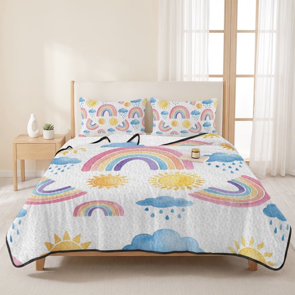 3 Pieces King Quilt Set,Cartoon Rainbow Cloud Sun Soft Bedding Sets with 1 Quilt & 2 Pillow Shams,Modern Abstract Style Summer Bedspread Lightweight Coverlet Comforter for All Season