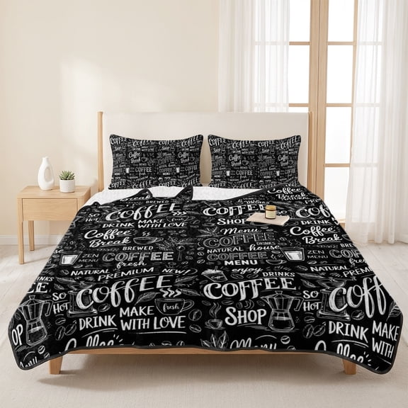 3 Pieces King Quilt Set,Coffee Time White Quote on Black Soft Bedding Sets with 1 Quilt & 2 Pillow Shams,Milk Tea Cup Cocoa Bean Summer Bedspread Lightweight Coverlet Comforter for All Season