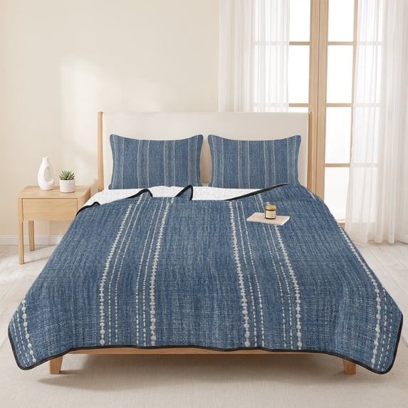 3 Pieces King Quilt Set,Denim Blue and White Striped Soft Bedding Sets with 1 Quilt & 2 Pillow Shams,Modern Minimalist Lines Summer Bedspread Lightweight Coverlet Comforter for All Season