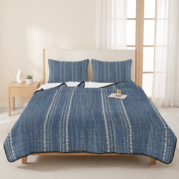 3 Pieces King Quilt Set,Denim Blue and White Striped Soft Bedding Sets with 1 Quilt & 2 Pillow Shams,Modern Minimalist Lines Summer Bedspread Lightweight Coverlet Comforter for All Season
